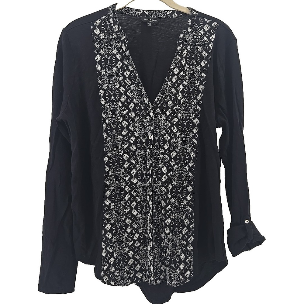 Lucky Brand Women's Large Black Button Front Top Jersey Rayon Long Tab-Sleeve